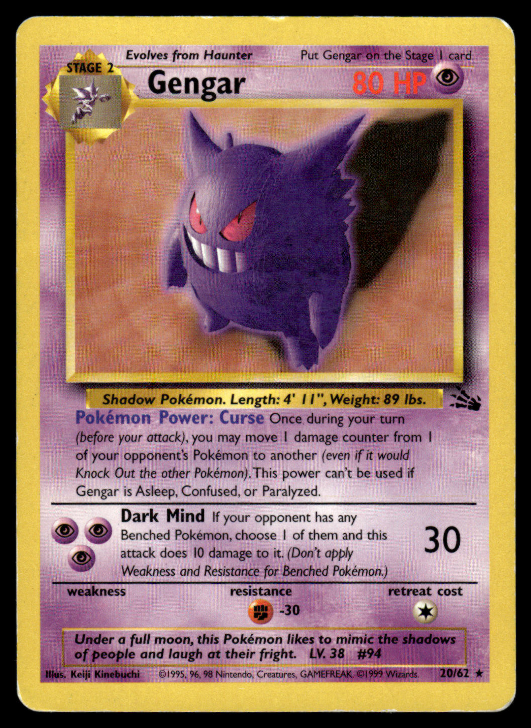 Pokemon Card Gengar Fossil Set Non-Holo 20/62 LP-MP