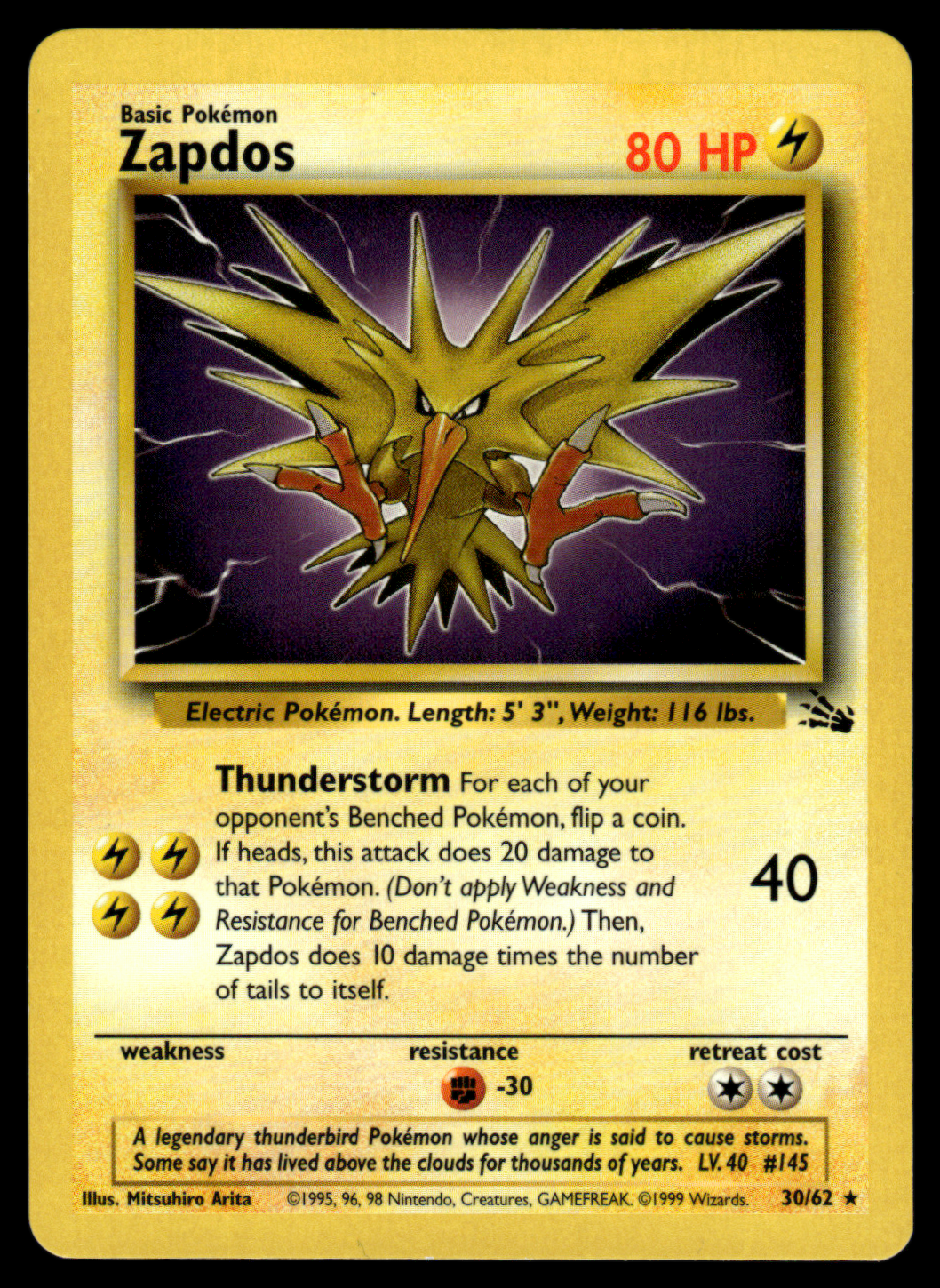 Pokemon Card Zapdos Fossil Set Non-Holo 30/62 NM-LP