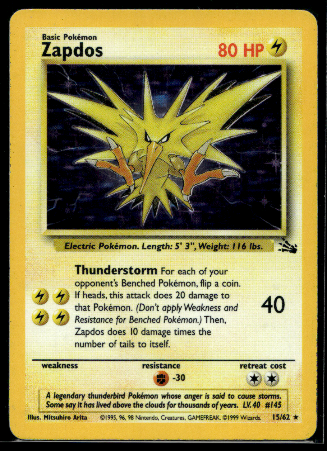 Pokemon Card Zapdos Fossil Set Holo 15/62 LP-MP