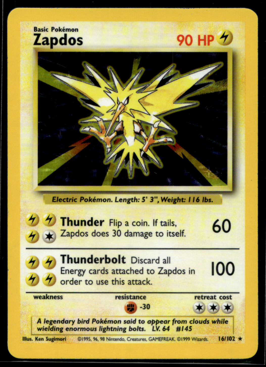 Pokemon Card Zapdos Holo Base Set Unlimited 16/102 NM-LP